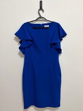 calvin klein blue gingham dress Calvin Klein Size 14 Blue Gingham Sleeveless Front Knot Midi Dress Ruffle B13